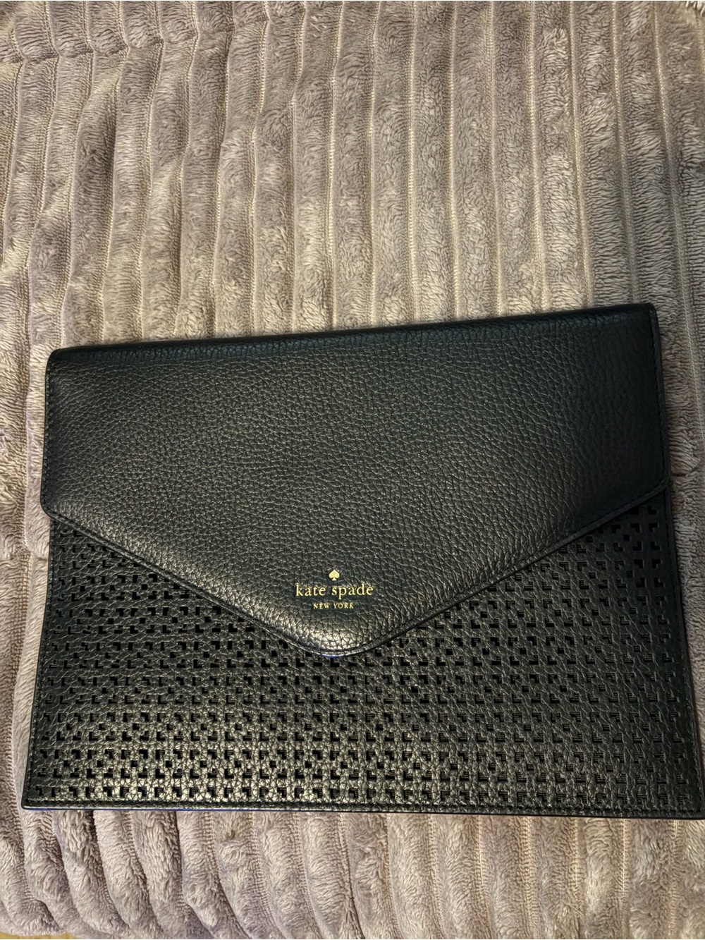 Kate Spade Black Leather Envelope Clutch with Perforated Panel